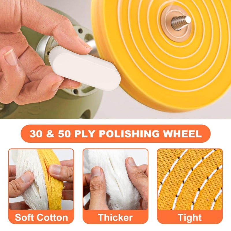 Ceeintee 6 Pack 8 Inch Polishing Wheel for Bench Grinder, Include 5/8" Arbor Hole 1 Yellow Cotton(42Ply), 1 White Cotton Polish Wheels(50Ply), 1 Soft Flannel Buffing Wheel(30Ply)& 3 Polishing Compound - Image 3